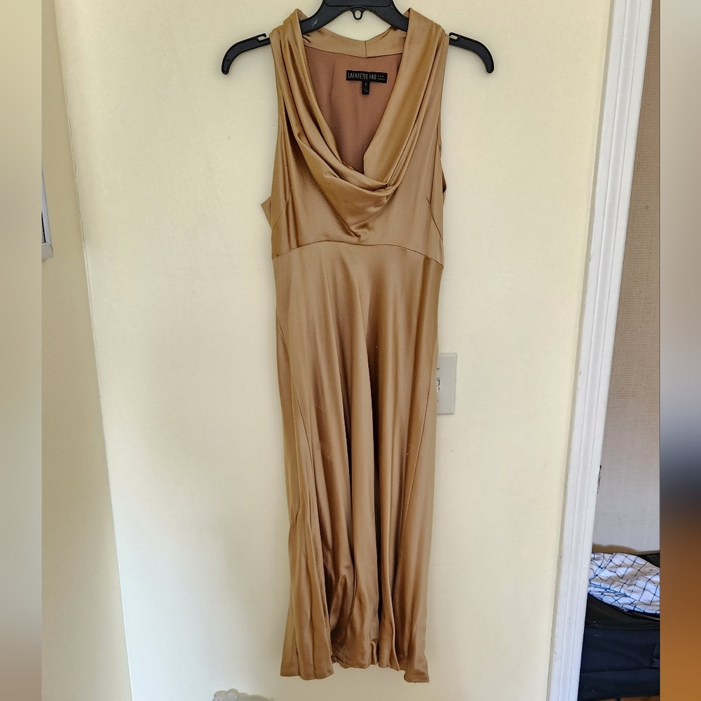 Lafayette 148 100% Silk Gold Cowl Neck Sleeveless Midi Formal Wedding Gown 8